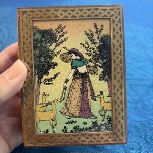 Vintage Wood Box Goddess Girl Forest Animals Jewelry Bohemian India Gem Painted